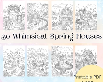 Desenhos para colorir de casinhas de primavera encantadoras, designs aconchegantes de chalés (PDF, JPG)