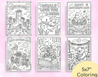 Tarjetas para colorear del Día de la Madre para niños: páginas para colorear imprimibles de 5x7 pulgadas, fáciles y con colores vivos.