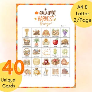 May include: An autumn harvest bingo game card featuring watercolor illustrations of seasonal items like wheat, a tractor, a pumpkin patch, grapes, a harvest basket, carrots, a sunflower, an apple, a wagon, potatoes, a farmhouse, corn, and a barn.