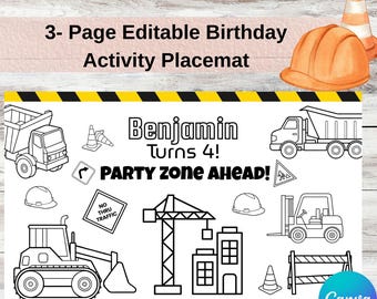 Mantel individual editable de construcción para cumpleaños: Actividad para niños (Descarga digital)