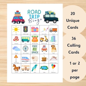 Bingo imprimible para viajes por carretera para niños, 20 cartones de bingo únicos, juego de fiesta para viajes de verano, actividad familiar para viajes por carretera