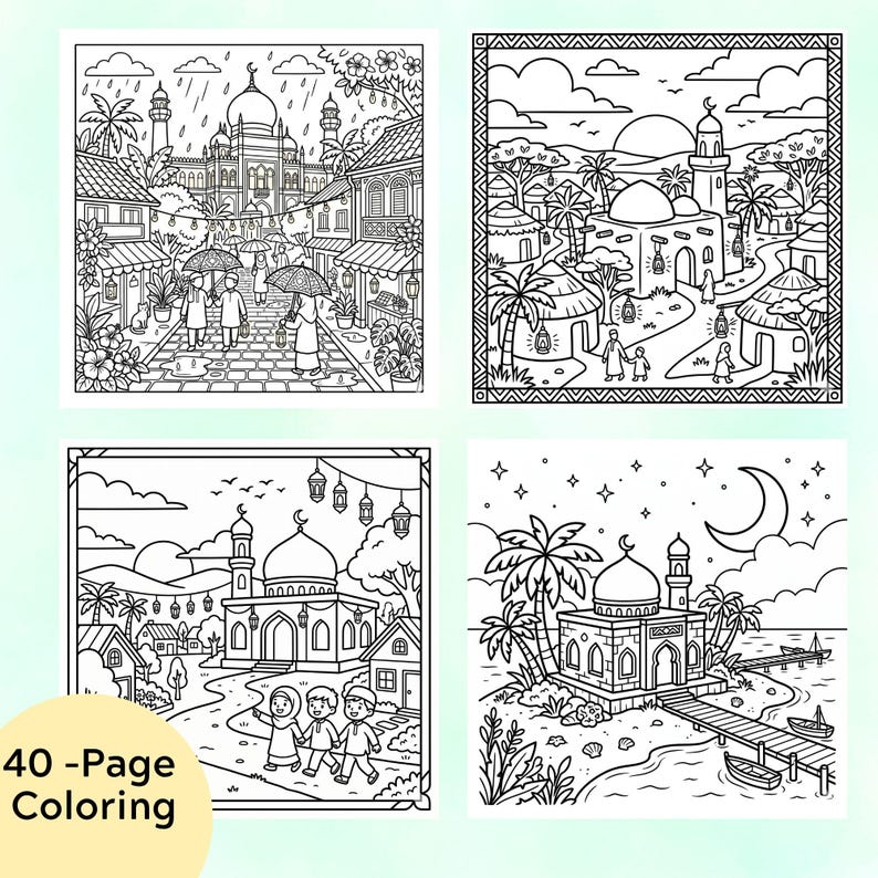 Mosque Colorful Printable Cozy Mosque Kaaba Coloring Pages | Islamic Architecture Printable (PDF ...