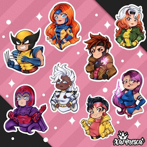 Pode incluir: Um conjunto de nove adesivos de desenhos animados com personagens dos X-Men. Os personagens são desenhados em estilo chibi e incluem Wolverine, Tempestade, Rogue, Ciclope, Jean Grey, Gambit, Fera e Magneto. Os adesivos são impressos em vinil de alta qualidade e são perfeitos para adicionar um toque de diversão ao seu laptop, garrafa de água ou capa de telefone.