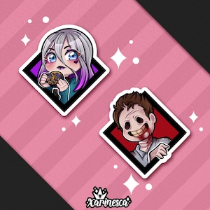 May include: Two cartoon character stickers. A female character with purple hair is holding a black and gold mug. A male character with brown hair has a red and white background. The stickers are on a pink and white striped background.