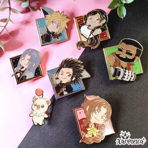 May include: Set of ten enamel pins featuring characters from the Final Fantasy video game series. The pins are gold-colored with black outlines and feature various characters from the game, including Cloud, Tifa, Sephiroth, and Aerith.