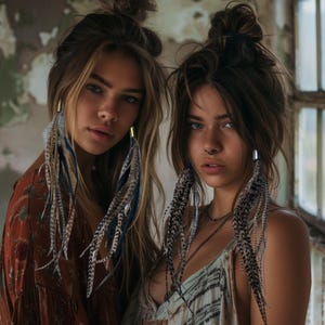 Può includere: Due donne con i capelli lunghi e castani che indossano lunghi orecchini di piume. Gli orecchini sono fatti di piume in tonalità di marrone, bianco e nero. Le donne indossano abiti casual e hanno un aspetto naturale.