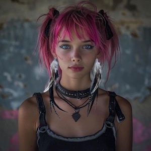 Può includere: Una persona con capelli rosa acceso acconciati a codini, indossa una collana girocollo nera con un ciondolo e orecchini di piume. La persona indossa anche una canotta nera con spalline in pelle.