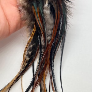 Può includere: Un paio di orecchini lunghi con piume e una parte superiore in metallo argentato. Le piume sono un mix di marrone, nero, verde e arancione. Gli orecchini sono tenuti su uno sfondo bianco.