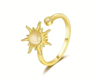 Anillo giratorio de sol dorado, anillo ajustable de plata de ley para la ansiedad