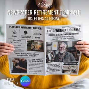 Editable Canva Retirement Newspaper template | retirement party invitation | Gift For Retirement |Printable Gift|Retirement Party Decoration
