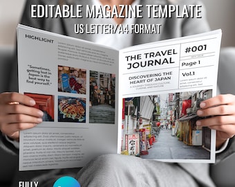 Plantilla de revista de diario de viaje editable para Canva / Diseño de fanzine digital DIY / Diseño de libro electrónico de relatos de viajes imprimible / Plantilla editable de Canva