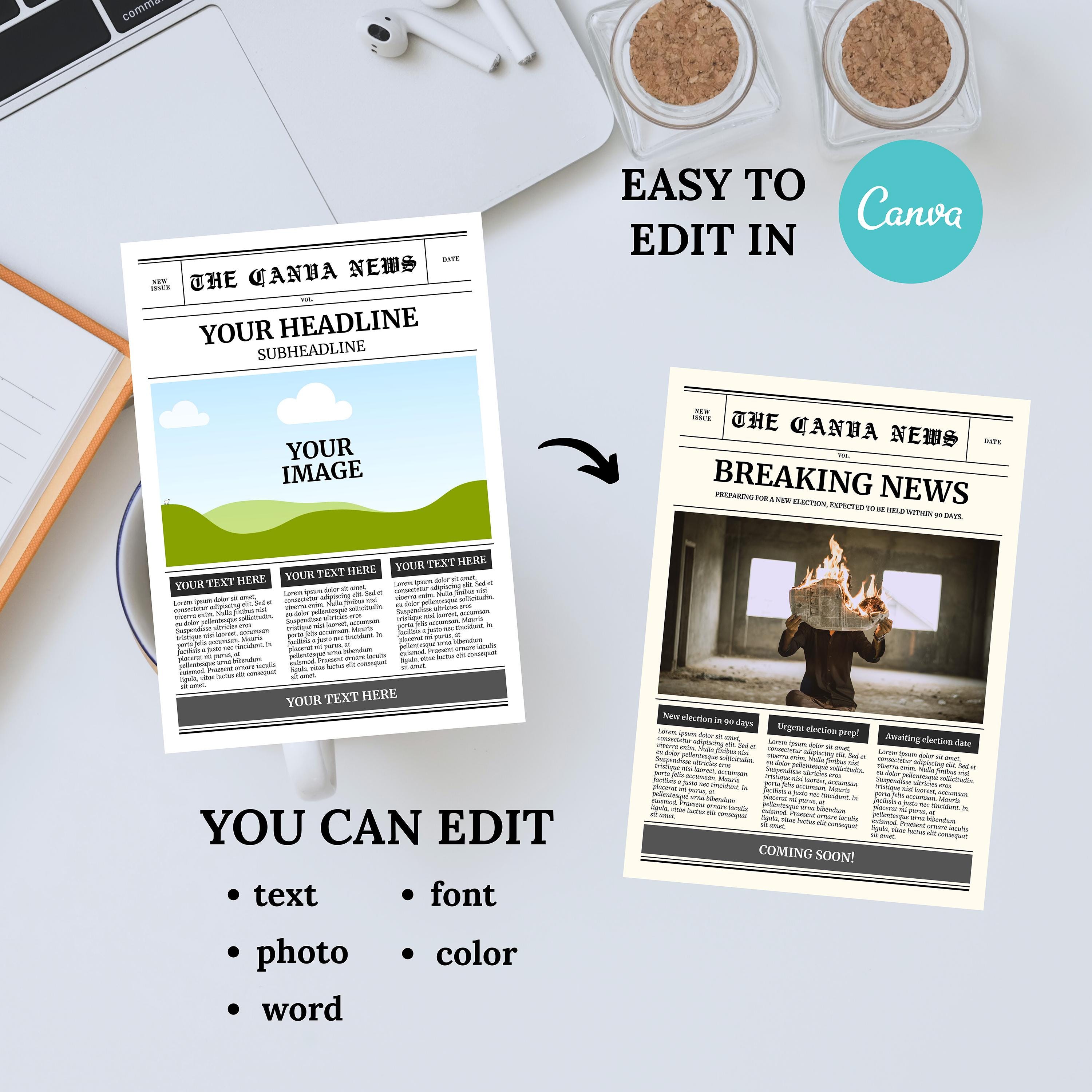 Canva Newspaper Editable Templates |printable Fake Newspaper Template ...