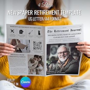 Editable Canva Retirement Newspaper template | retirement party invitation | Gift For Retirement |Printable Gift|Retirement Party Decoration