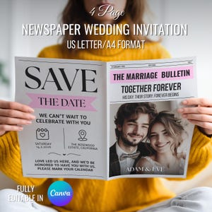Newspaper Wedding Invitation Template | Editable Canva Design |Digital Wedding Announcement|Retro Wedding Program|Printable Wedding Keepsake