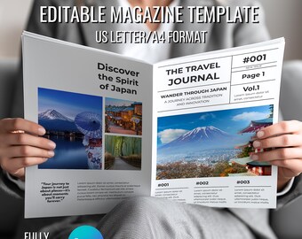 Plantilla de revista de diario de viaje editable para Canva / Diseño de fanzine digital DIY / Diseño de libro electrónico de relatos de viajes imprimible / Plantilla editable de Canva