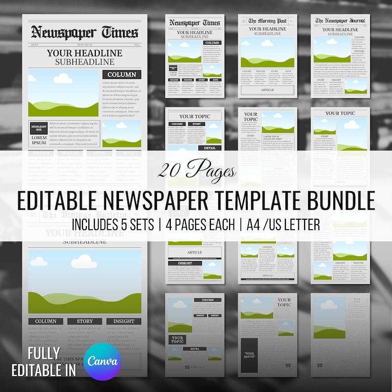 Editable Newspaper Canva Template Bundle Printable Fake Newspaper