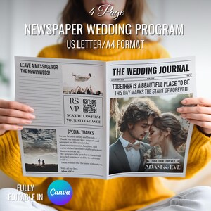 Newspaper Wedding Program | Wedding Newspaper Invitation | Canva Editable Wedding Program |Digital RSVP Template |Folded wedding invitations
