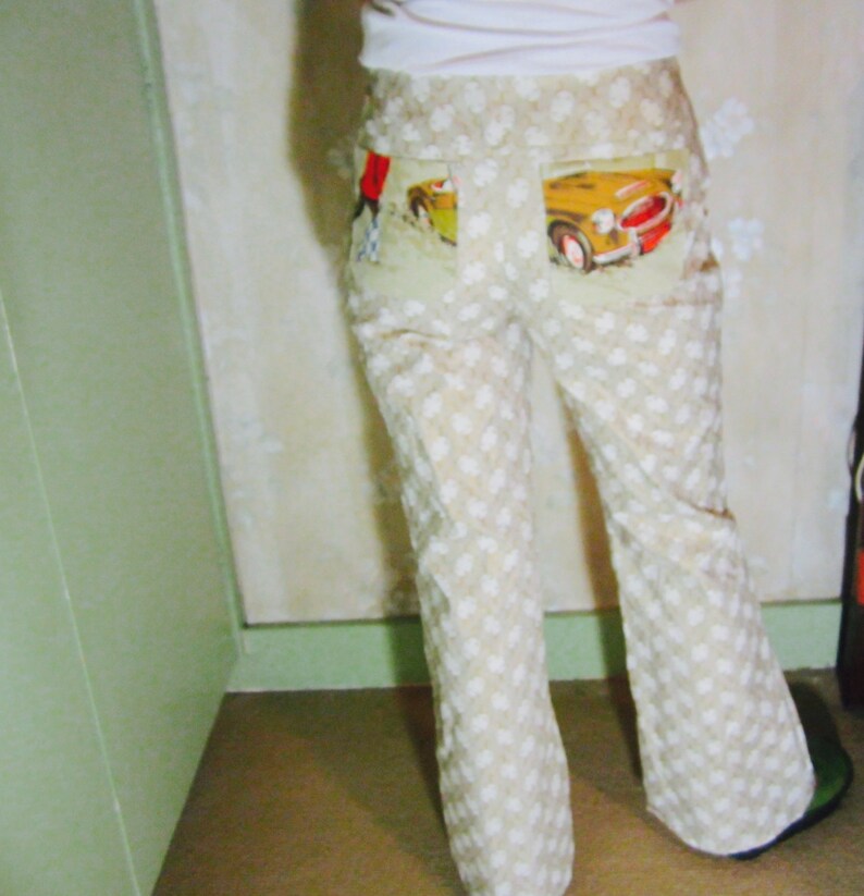Size 12-14 Vintage Fabric Ladies Beige flare pants