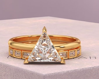 Triangle-Cut Lab-Grown Diamond Ring Set | Trillion Shape 14K/18K Gold | IGI Certified Engagement Bridal Gift | Baguette Diamond Wedding Band