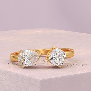 Pear And Cushion Cut Lab Grown Diamond Toi Et Moi Wedding Ring,Two Stone 2Ct Engagement Ring,Certified Diamond Ring,Unique Anniversary Ring