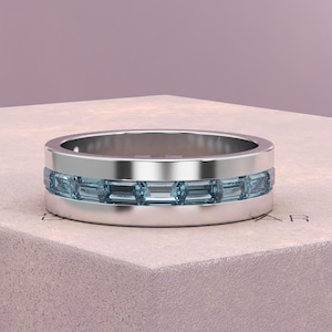 Blue Baguette Lab Diamond Men’s Eternity Ring | White Gold Wedding Band for Him | Modern Groom Engagement  Ring | anniversary Gift For Men's