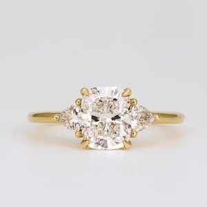 Cushion-Cut Lab-Grown Diamond 3-Stone Ring | Side Trillion Accents | IGI Available | 14K Gold Engagement Or Promise Ring | Gift For Women