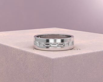 Blue Baguette Lab Diamond Men’s Eternity Ring | White Gold Wedding Band for Him | Modern Groom Engagement  Ring | anniversary Gift For Men's