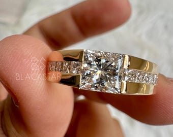 Men’s Princess Cut Diamond Ring | 14K Gold Lab-Grown Diamond Band | Wide Gold Ring for Him | Modern Engagement Ring | Ethical Jewelry
