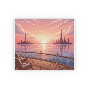 May include: Square coaster featuring a sunset over water with two chairs on a deck. The artwork depicts a vibrant sky with clouds, a setting sun, and reflections in the water. The deck has a wooden floor and a decorative railing.