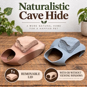 May include: Two pet cave hides, one terracotta and one slate blue, each featuring a removable rock-shaped lid and a side entrance. The text reads Naturalistic Cave Hide, A More Natural Home For A Happier Pet, Removable Lid, and With Or Without Viewing Windows.