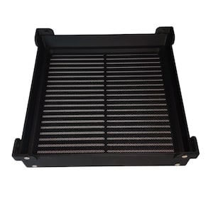 May include: Black metal grill grate with a rectangular shape and a wire mesh design. The grate is designed for use in a grill or smoker.