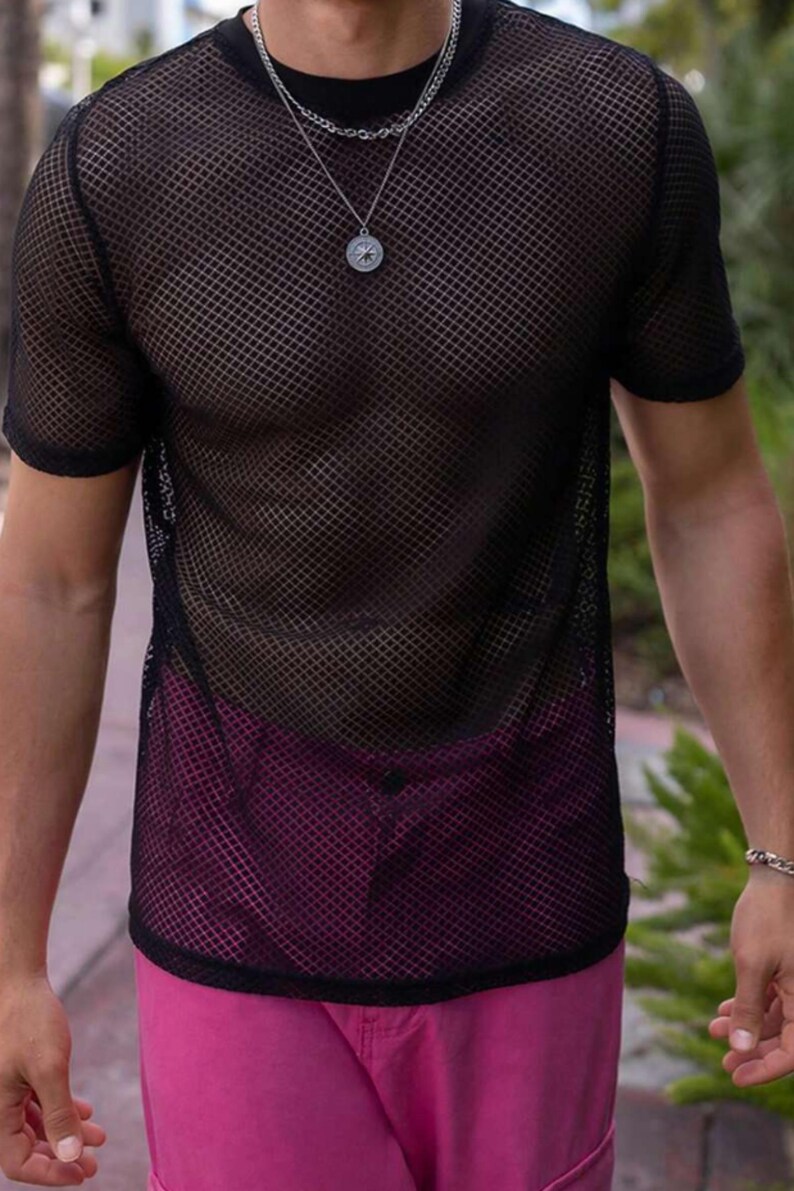 Mens String Mesh Tops Cotton Men Mesh Fishnet Short Sleeve T-shirt Top ...