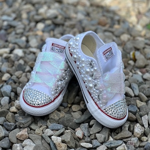 Custom White pearls converse| Rhinestone Bling baby shoes | Flower Girls shoes