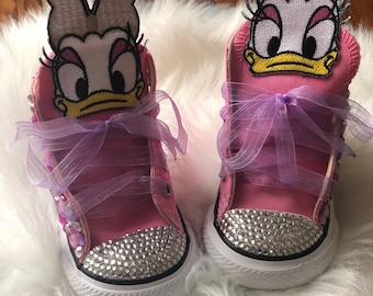 Custom Pink Glitter Converse for girls | Daisy Duck Birthday Shoes | Toddlers & Kids Bling Sneakers