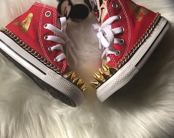 Red Mickey & Minnie Mouse Sneakers | Custom  Gold Spike Converse for Kids | Disney Birthday Sneakers