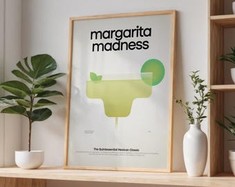 Impresión artística de cóctel Margarita / Decoración de carrito de bar / Arte de pared retro minimalista / Póster de receta clásica / Accesorios de bar elegantes / Listo para colgar