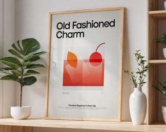 Old Fashioned Cocktail Print, Old Fashioned Cocktail Poster, Classic Bar Cart Art Prints, Minimalist Print, Bar Accessories, Bar Wall Art