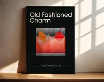Old Fashioned Cocktail Poster, Old Fashioned Cocktail Print, Classic Bar Cart Art Prints, Minimalist Print, Bar Accessories, Bar Wall Art