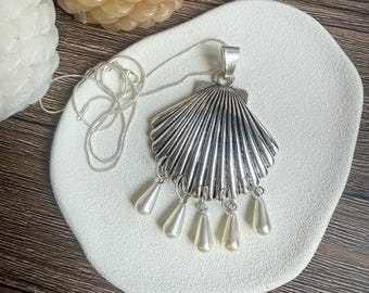 Silver Large Shell Pendant Necklace with faux pearl shell drops