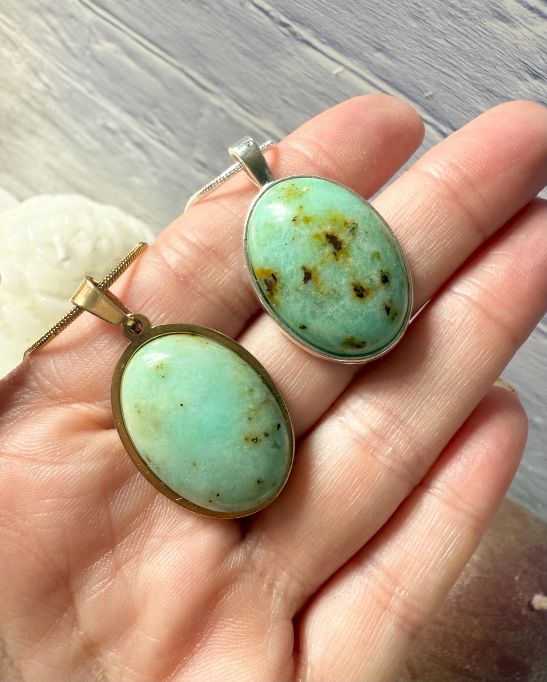 Natural Sea Green Antique Jade Stone Silver or Gold Pendant