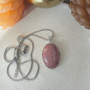 Real Pink Rhodonite Oval Stone Silver Pendant Necklace
