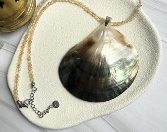 Mother of Pearl Natural Shell Pendant Necklace on a real Citrine gemstone beaded chain