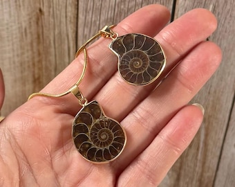 Natural Ammonite Fossil Shell Gold Pendant Necklace