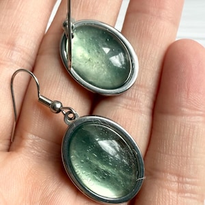 Real Natural Green Fluorite Gemstone Silver Drop Earrings
