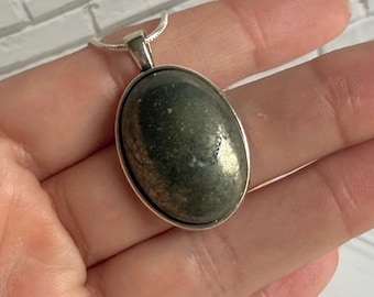Natural Pyrite Oval Stone Silver Pendant Necklace