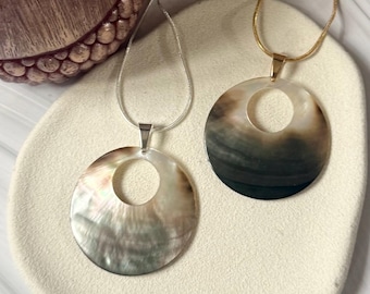 Mother of Pearl Round Shell Pendant Silver or Gold Necklace