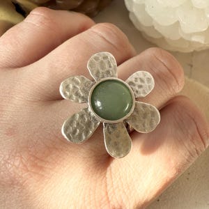 Silver Adjustable Flower Ring with Green Aventurine Gemstone