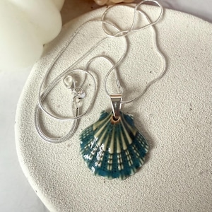 May include: A silver necklace featuring a pendant shaped like a seashell. The pendant is teal and cream-colored, with a glossy finish. The necklace is displayed on a light-colored surface.