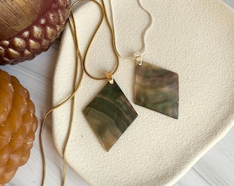 Natural Mother of Pearl Shell Diamond Pendant Silver or Gold Necklace