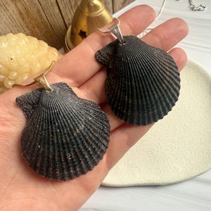 May include: Two black seashell pendants with silver chains. The pendants are scallop-shaped, with a textured, ridged surface. The shells are a dark charcoal colour with brown hints. The pendants are held in a hand.